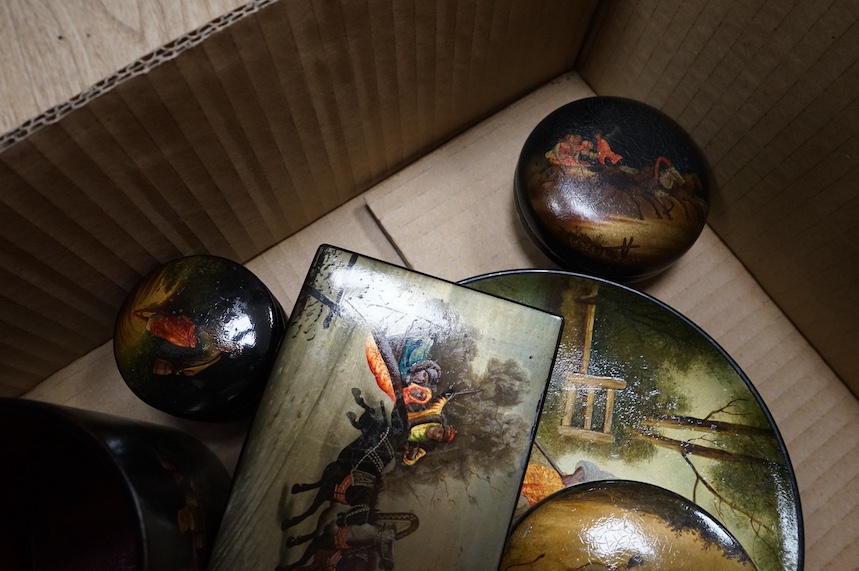 A quantity of late 19th / early 20th century Russian lacquer boxes, a dish and small vase. Condition - appears good